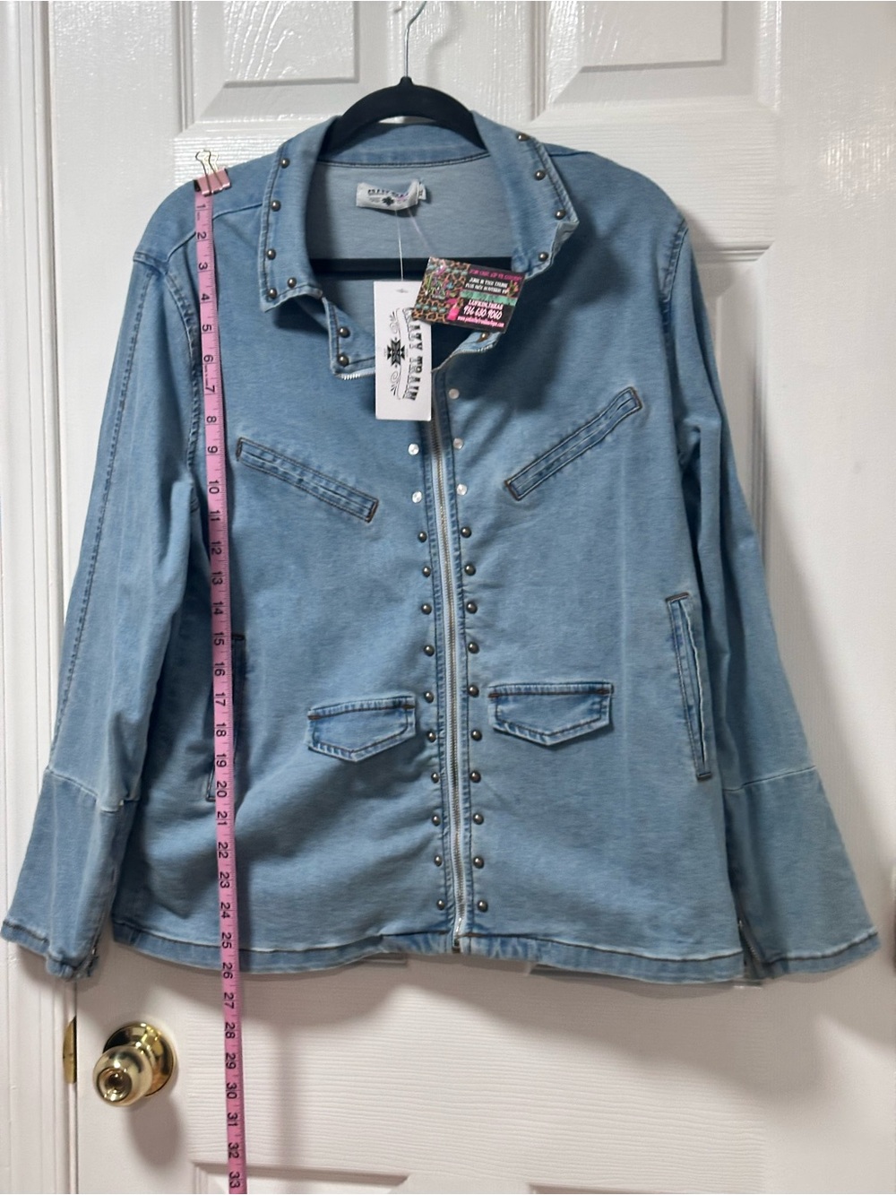 Crazy Train Light Blue Stud-Trim Denim Jacket